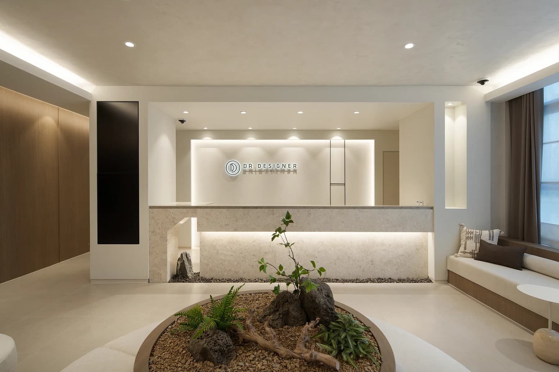 Reception and signature indoor garden at Dr. Designer Clinic Myeongdong