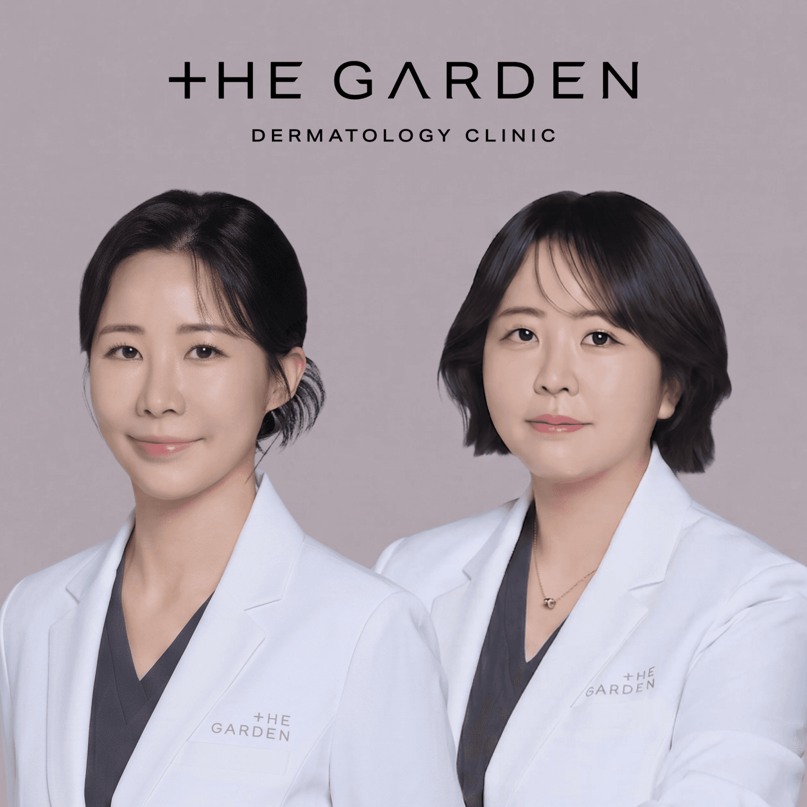 Two clinicians shown on The Garden Dermatology Clinic's Naver Place profile